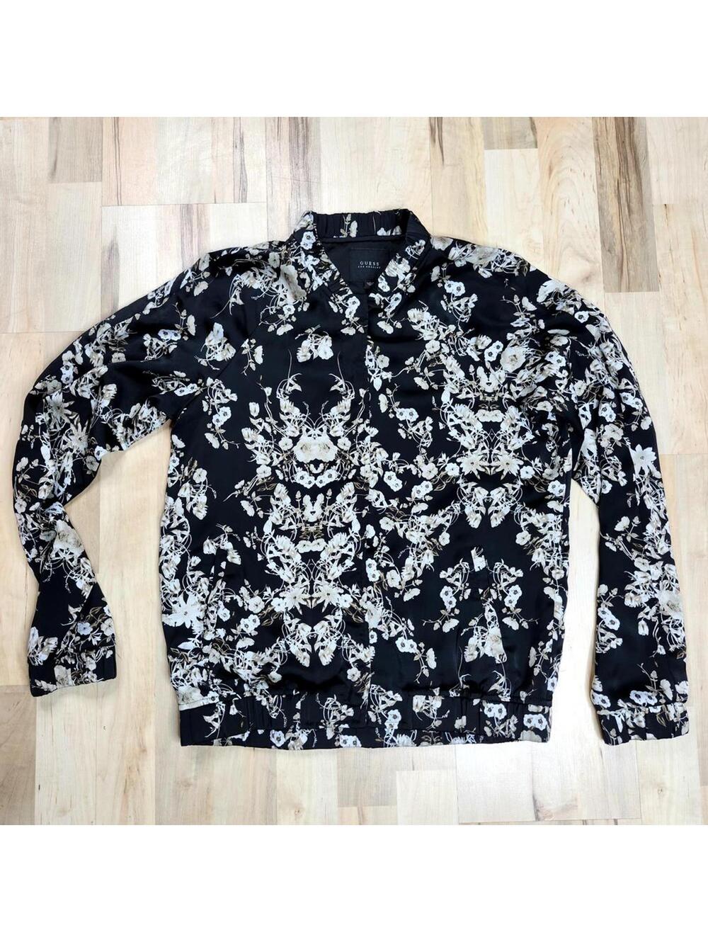 Guess LA Womens Silky Full Zip Lined Floral Jacket Ruffled Collar Cuffs XS